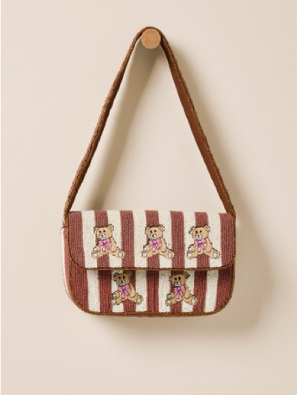 NWT Francesca’s beaded Striped Teddy bear 🧸 Shoulder Bag in Brown and Crea